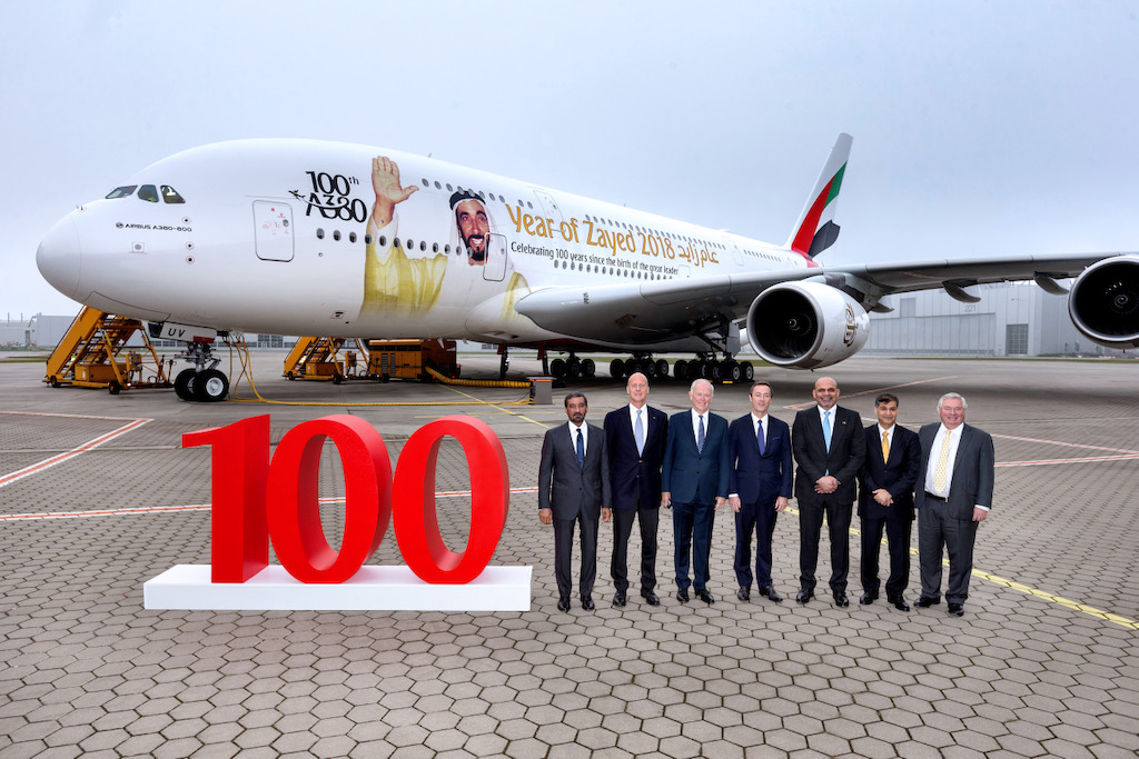 Emirates 100th A380. Emirates unveiled a special tribute to the late HH Sheikh Zayed bin Sultan Al Nahyan, founding father of the United Arab Emirates - bespoke livery on its 100th A380. From left to right: HH Sheikh Ahmed bin Saeed Al Maktoum, Chairman and Chief Executive Officer, Emirates Airline & Group, Tom Enders, Chief Executive Officer of Airbus , Sir Tim Clark, President Emirates Airline , Fabrice Brégier, Chief Operating Officer of Airbus and President Commercial Aircraft , HE Ali Al Ahmed, UAE Ambassador to Germany , Adel Al Redha, Emirates Executive Vice President and Chief Operating Officer and John Leahy, Chief Commercial Officer – Customers – Commercial Aircraft of Airbus. (Emirates photo)