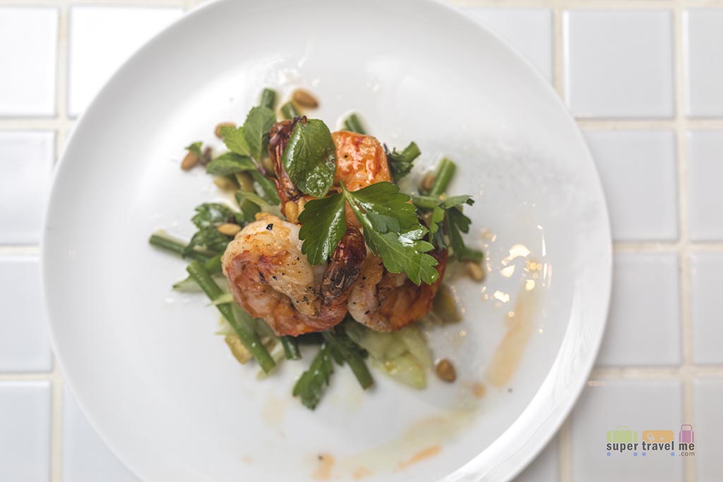 Qantas First Menu - Grilled Prawns with Pickled Celery, Green Olive and Pine Nuts (STM)