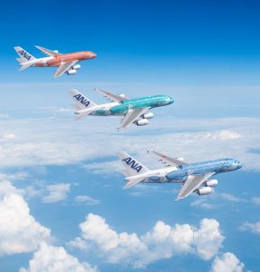 ANA A380s in special FLYING HONU livery motifs in blue (Lani - sky), emerald green (Kai - ocean) and orange (Ka La - sunset)