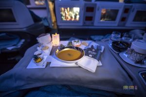 Ginger Pumpkin Soup with roasted pumpkin seeds served on board Turkish Airlines TK55 from Singapore to Istanbul
