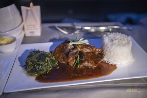 Stir fried beef with bbq sauce, wok fried spinach and jasmine rice served onboard TK55 from Singapore to Istanbul on 10 May 2018