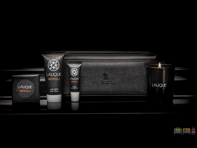Singapore Airlines First Class Amenity Kit featuring Lalique products and candle