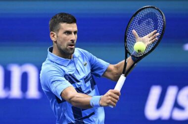 NEW YORK, UNITED STATES - AUGUST 26: Novak Djokovic of Serbia in action against Radu Albot (not seen) of Moldova during Men's Singles First Round match on Day One of the 2024 US Open at the USTA Billie Jean King National Tennis Center in New York, United States on August 26, 2024. (Photo by Fatih Aktas /Anadolu via Getty Images)