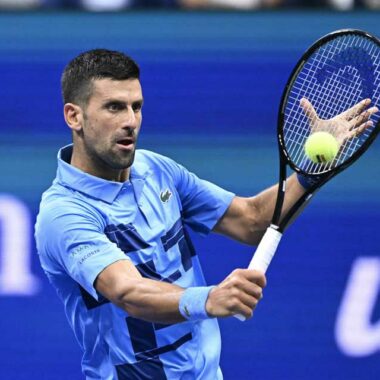 NEW YORK, UNITED STATES - AUGUST 26: Novak Djokovic of Serbia in action against Radu Albot (not seen) of Moldova during Men's Singles First Round match on Day One of the 2024 US Open at the USTA Billie Jean King National Tennis Center in New York, United States on August 26, 2024. (Photo by Fatih Aktas /Anadolu via Getty Images)