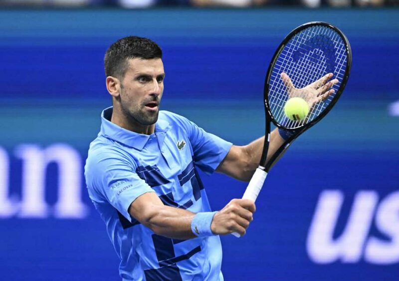 NEW YORK, UNITED STATES - AUGUST 26: Novak Djokovic of Serbia in action against Radu Albot (not seen) of Moldova during Men's Singles First Round match on Day One of the 2024 US Open at the USTA Billie Jean King National Tennis Center in New York, United States on August 26, 2024. (Photo by Fatih Aktas /Anadolu via Getty Images)